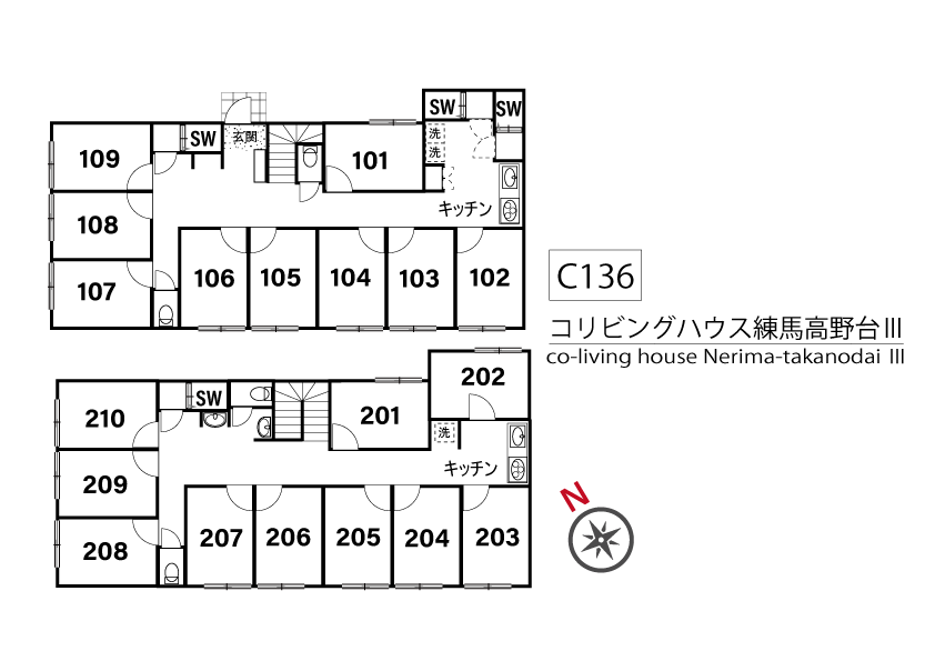 C136/K405 Tokyoβ Fujimidai 1 (co-living house Nerima-takanodai Ⅲ)間取り図