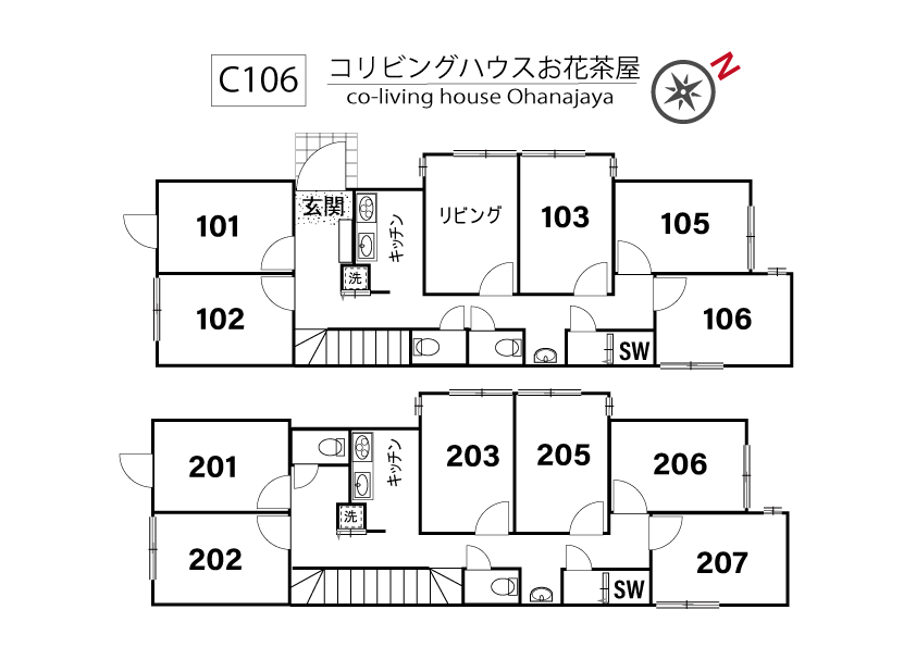 C106/L311 Tokyoβ お花茶屋6（コリビングハウスお花茶屋）間取り図