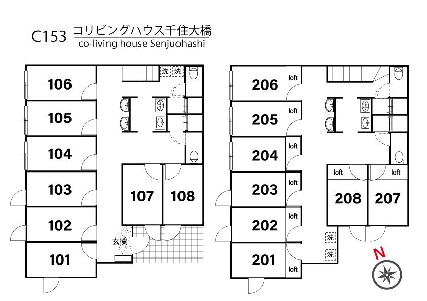 C153/J191 Tokyoβ Senjuoohashi (co-living house Senjuohashi)間取り図