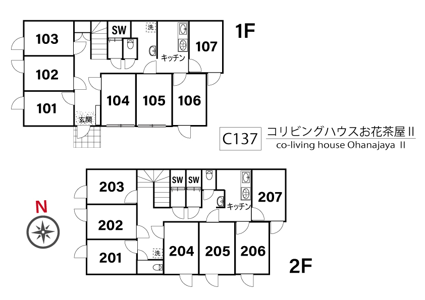 C137/K371 Tokyoβ Ohanajaya 8 (co-living house Ohanajaya Ⅱ)間取り図