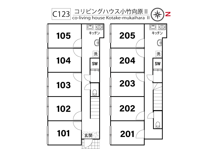 C123 co-living house Kotake-mukaihara Ⅱ間取り図