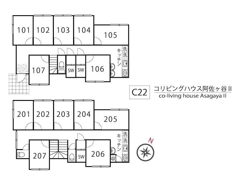 C22/J33 Tokyoβ Asagaya 7 (co-living house AsagayaⅡ)間取り図