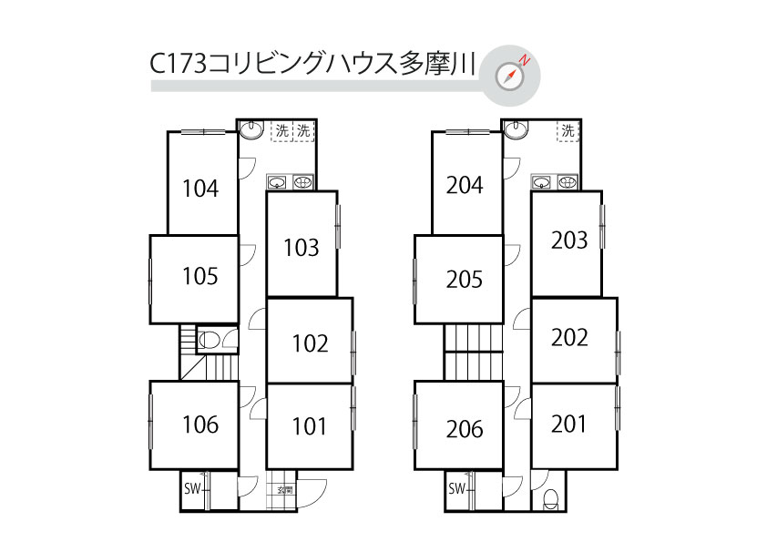 C173/K251 Tokyoβ Unoki (co-living house Tamagawa)間取り図