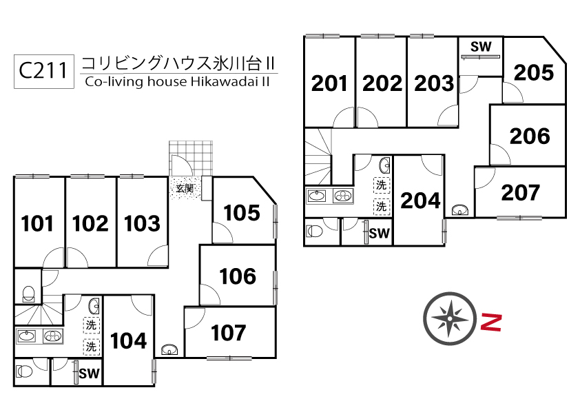 C211/J280 Tokyoβ Hikawadai 3 (co-living house HikawadaiⅡ)間取り図