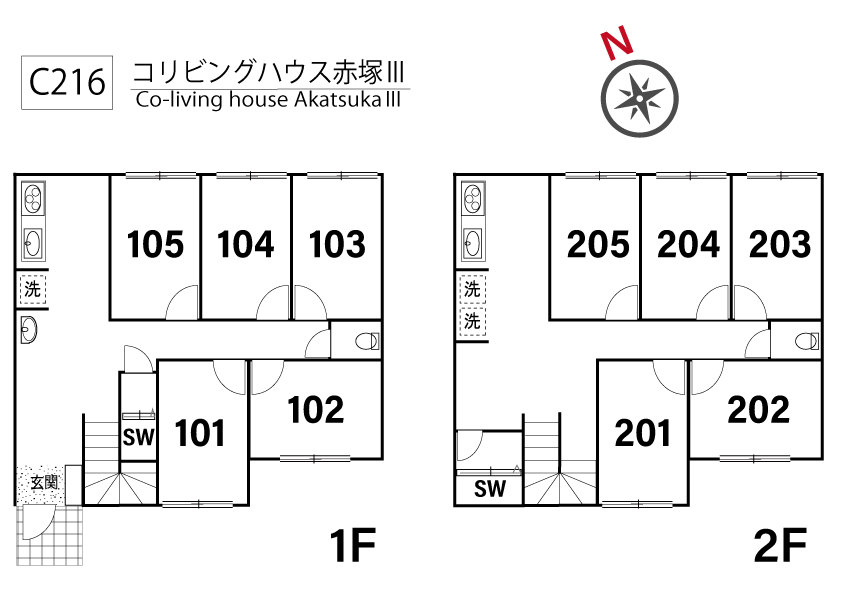 C216/J308 Tokyoβ Narimasu 13 (co-living house AkatsukaⅢ)間取り図