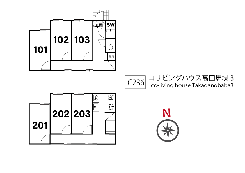 C236 co-living house Takadanobaba 3間取り図