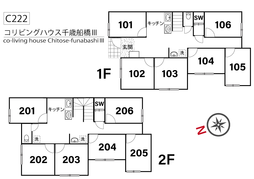 C222/J279 Tokyoβ Chitose-funabashi 3 (co-living house Chitose-funabashiⅢ)間取り図