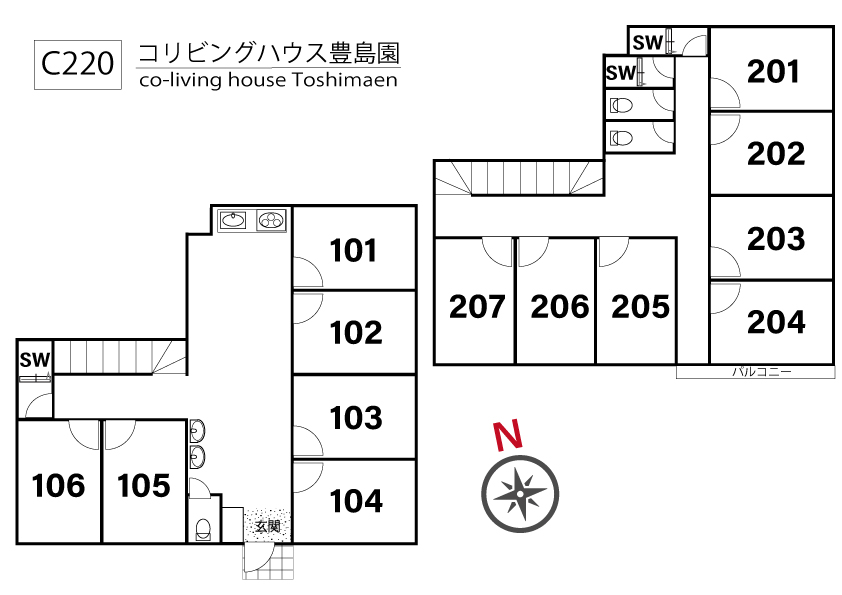 C220/K508 Tokyoβ Toshimaen 1 (co-living house Toshimaen)間取り図
