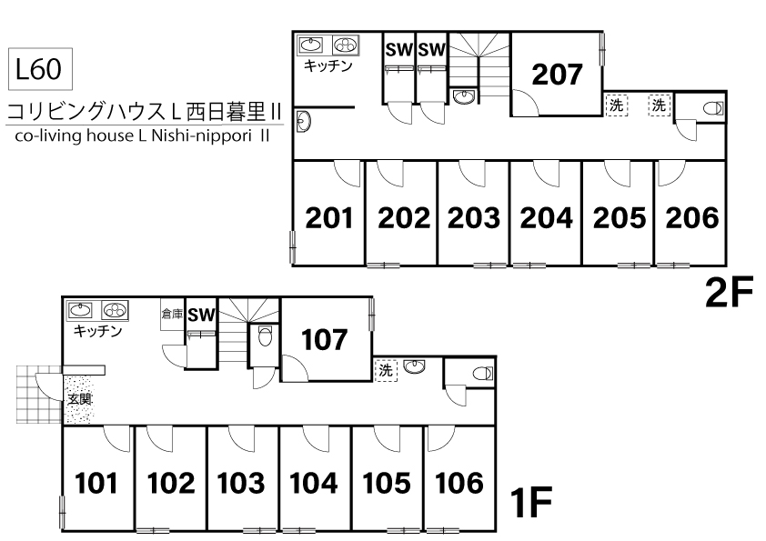 L60 Tokyoβ Akado-shogakkomae 3 (co-living house L Nishi-nipporiⅡ)間取り図