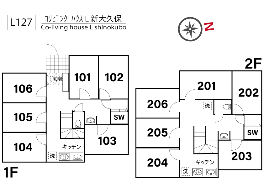 L127 Tokyoβ Shin-Ōkubo (co-living house L Shin-okubo)間取り図