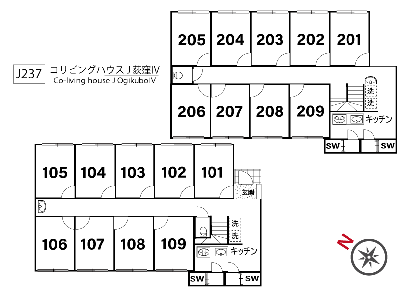 J237 Tokyoβ Ogikubo 6 (co-living house J OgikuboⅣ)間取り図