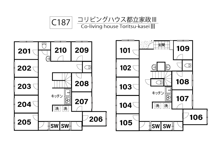 C187 Tokyoβ Toritsukasei 1 (co-living house ToritsukaseiⅢ)間取り図