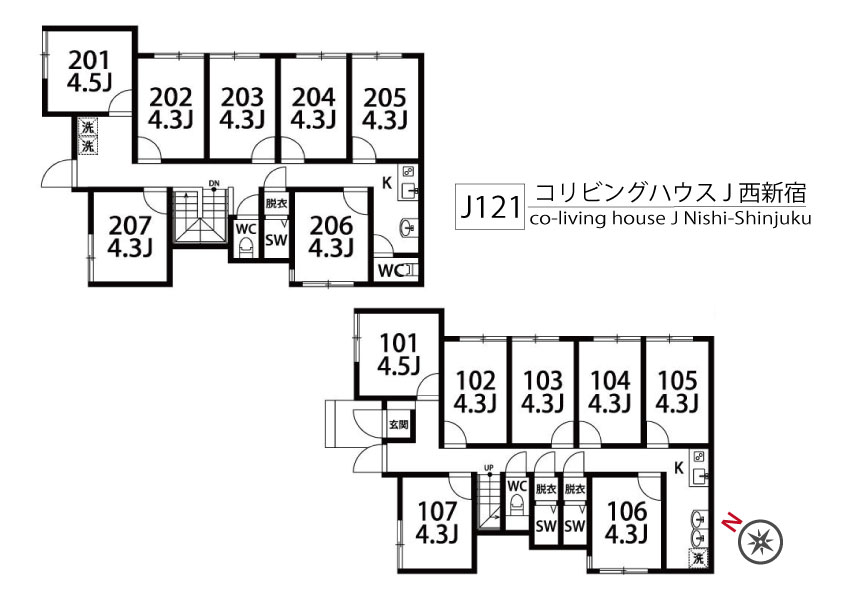 J121 Tokyoβ 西新宿五丁目1（コリビングハウス J 西新宿）間取り図