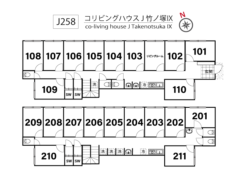 J258 Tokyoβ Takenotsuka 3 (co-living Takenotsuka IX)間取り図