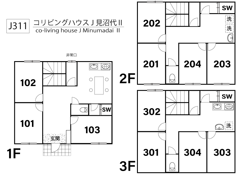 J311 Tokyoβ Minumadai-shinsuikoen 1 (co-living house Minumadai II)間取り図