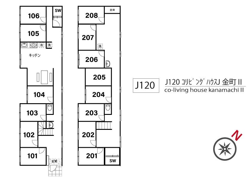 J120 Tokyoβ Kanamachi 5 (co-living house Kanamachi II)間取り図