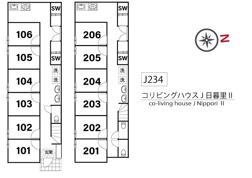 J234 Tokyoβ Arakawa-kuyakushomae 2 (co-living house Nippori II)間取り図