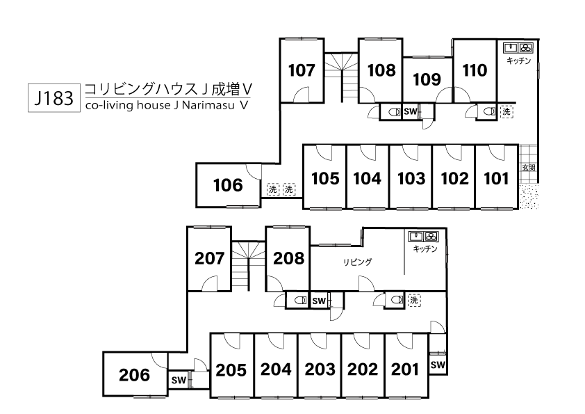 J183 Tokyoβ Chikatetsu-narimasu 1 (co-living house Narimasu V)間取り図