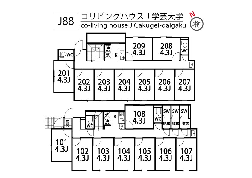 J88 Tokyoβ Gakugei-daigaku 1 (co-living house Gakugei-daigaku)間取り図