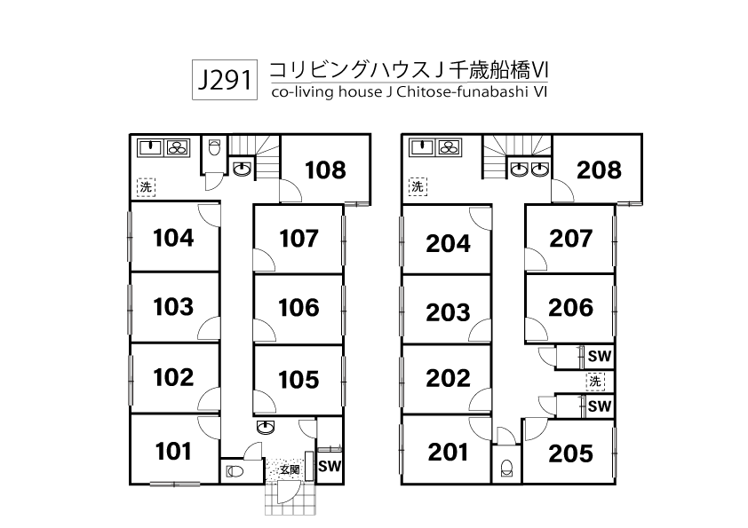 J291 Tokyoβ Chitose-funabashi 10 (co-living house J Chitose-funabashi Ⅵ)間取り図