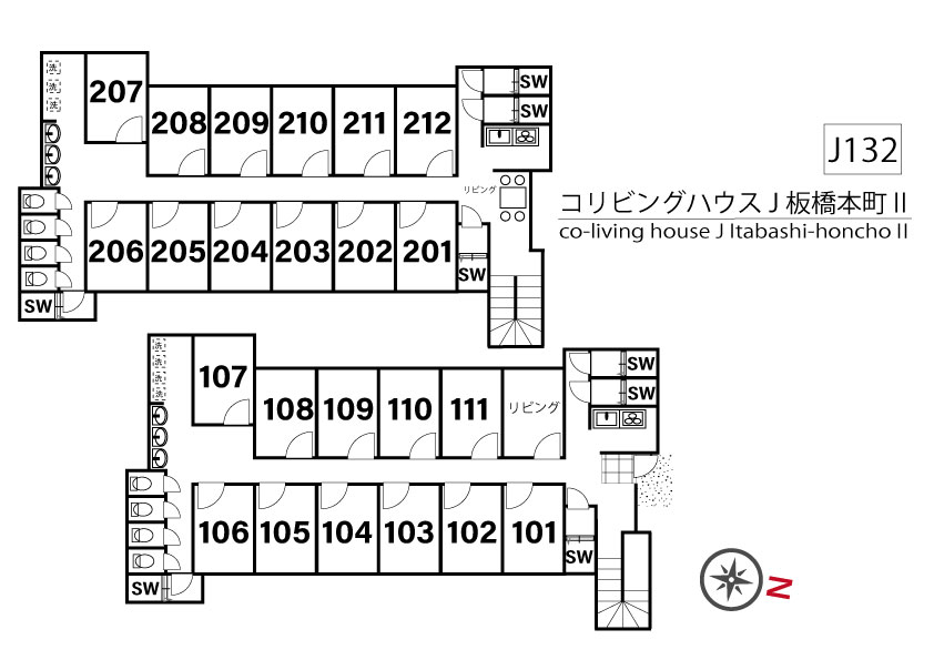 J132 Tokyoβ Itabashi-honcho 1 (co-living house J Itabashi-honchoⅡ)間取り図