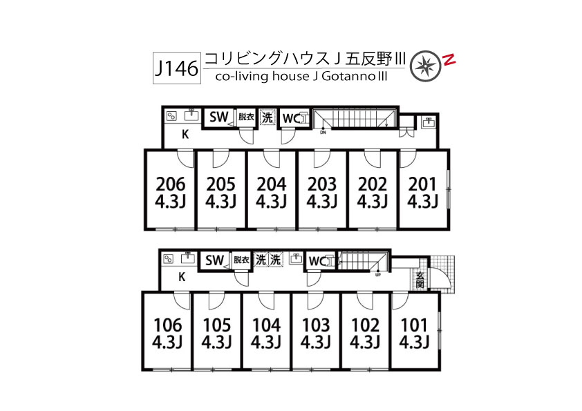 J146 Tokyoβ Gotanno 4 (co-living house Gotannno Ⅲ)間取り図