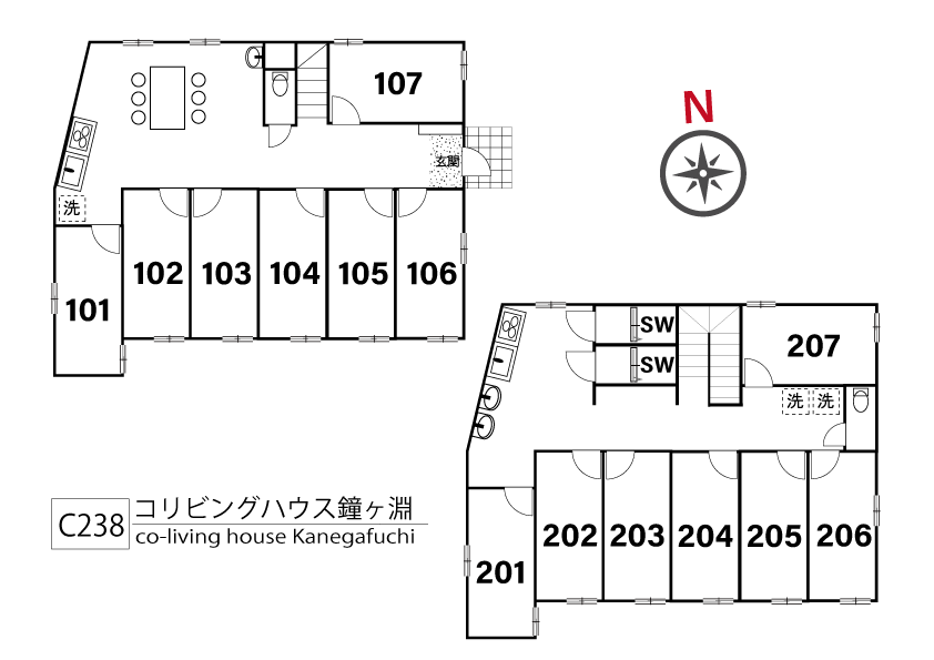 C238 co-living house Kanegafuchi間取り図