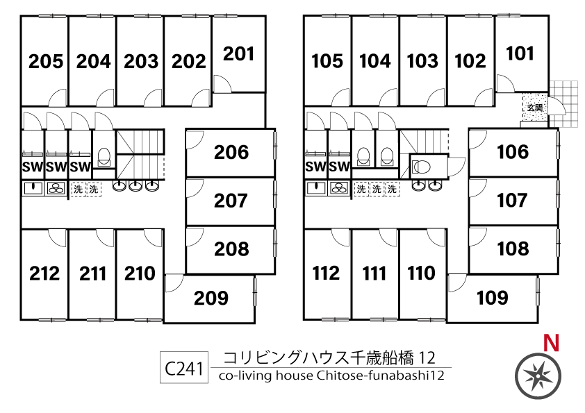 C241 co-living house J Chitose-funabashi 12間取り図