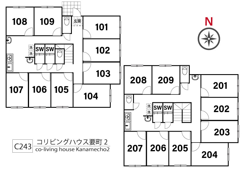 C243 co-living house Kanamecho 2間取り図