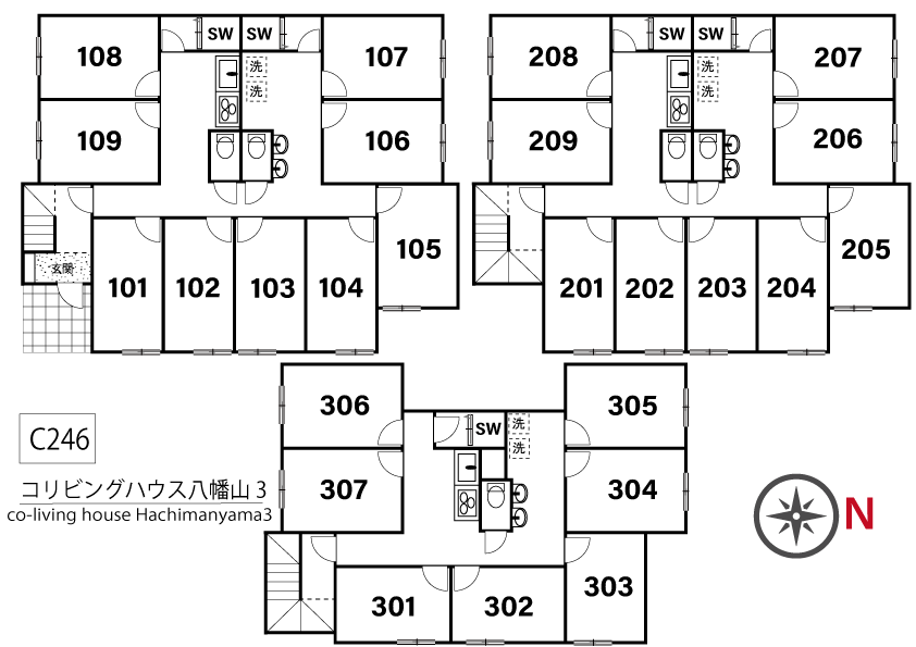 C246 co-liiving house Hachimanyama 3間取り図