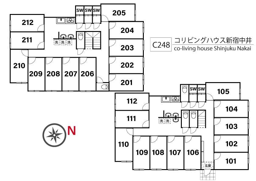 C248 Co-living house新宿中井間取り図