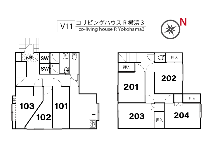 V11 co-living house R Yokohama 3間取り図