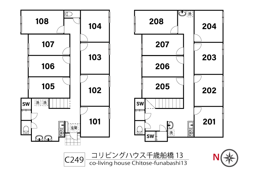 C249 Co-living house千岁船桥13間取り図