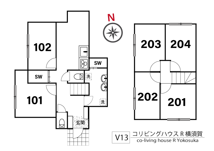 V13 co-living house R Yokosuka 3間取り図