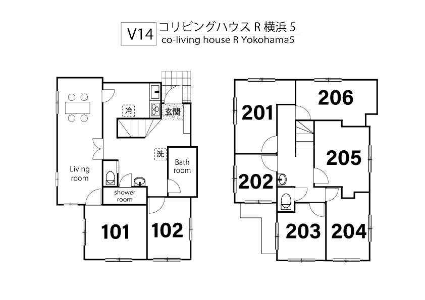 V14 co-living house R Yokohama 5間取り図