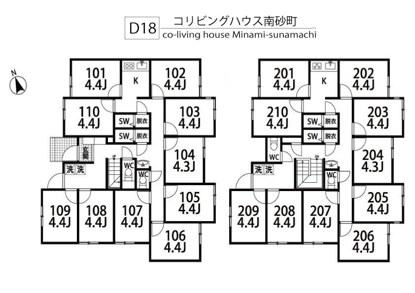 D18 co-living house Minamisunamachi間取り図
