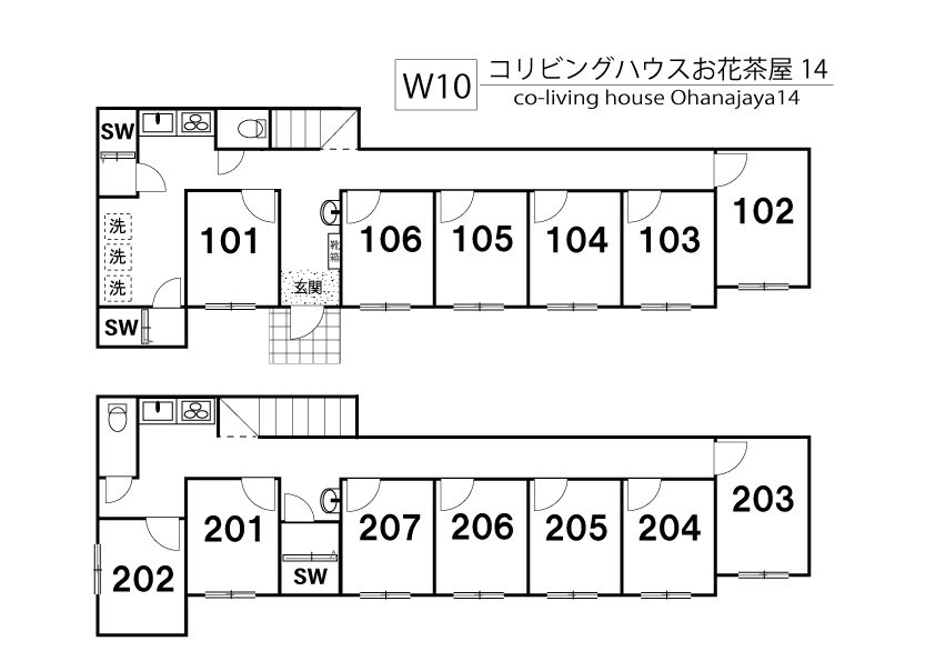 W10 co-living house Ohanajaya 14間取り図