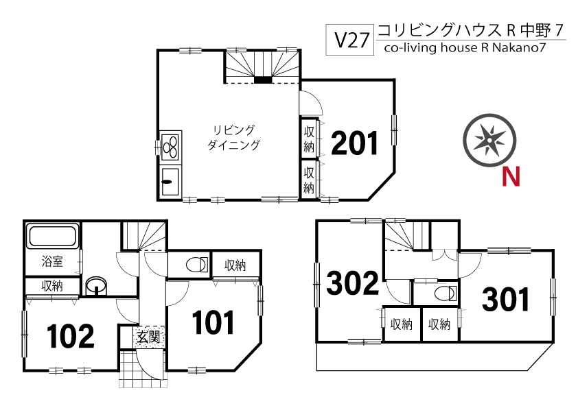 V27 co-living house R Nakano 7間取り図