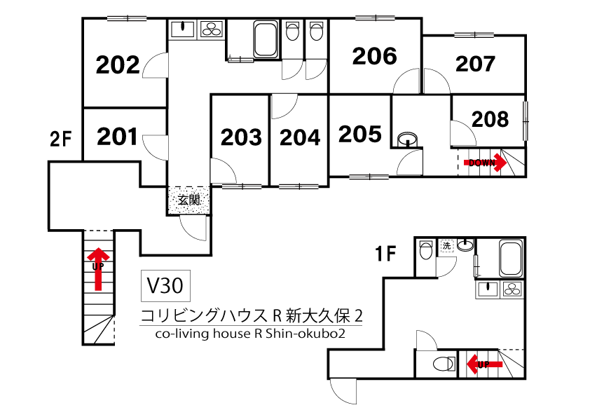 V30 co-living house R Shin-Ōkubo 2間取り図