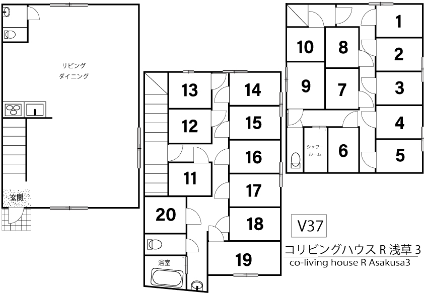 V37 Co-living house R 浅草3間取り図