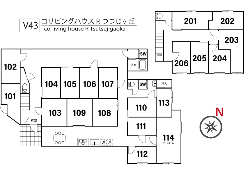 V43 co-living house R Tsutsujigaoka間取り図
