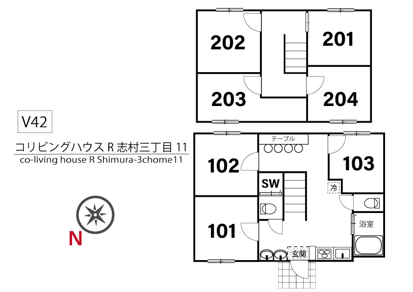 V42 co-living house R Shimura-sanchome 11間取り図