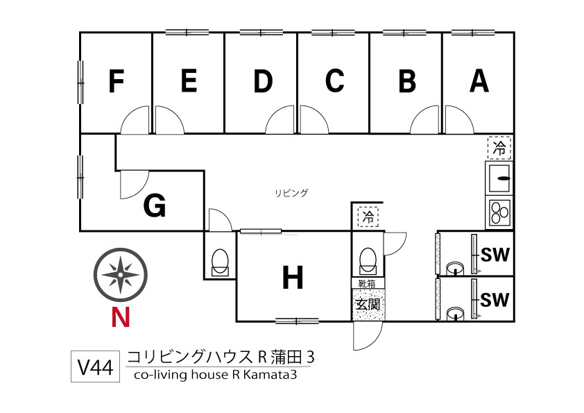 V44 co-living house R Kamata 3間取り図