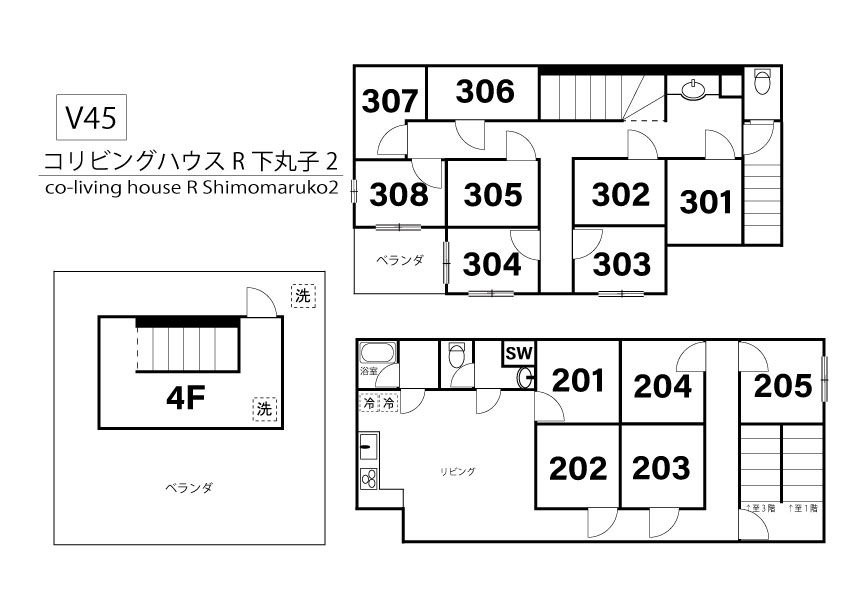 V45 co-living house R Shimomaruko 2間取り図