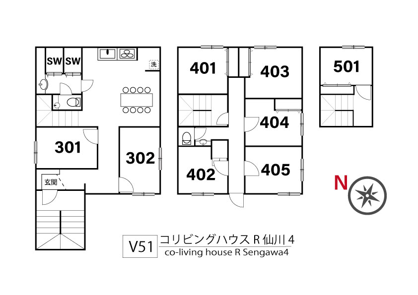 V51 co-living house R Sengawa 4間取り図