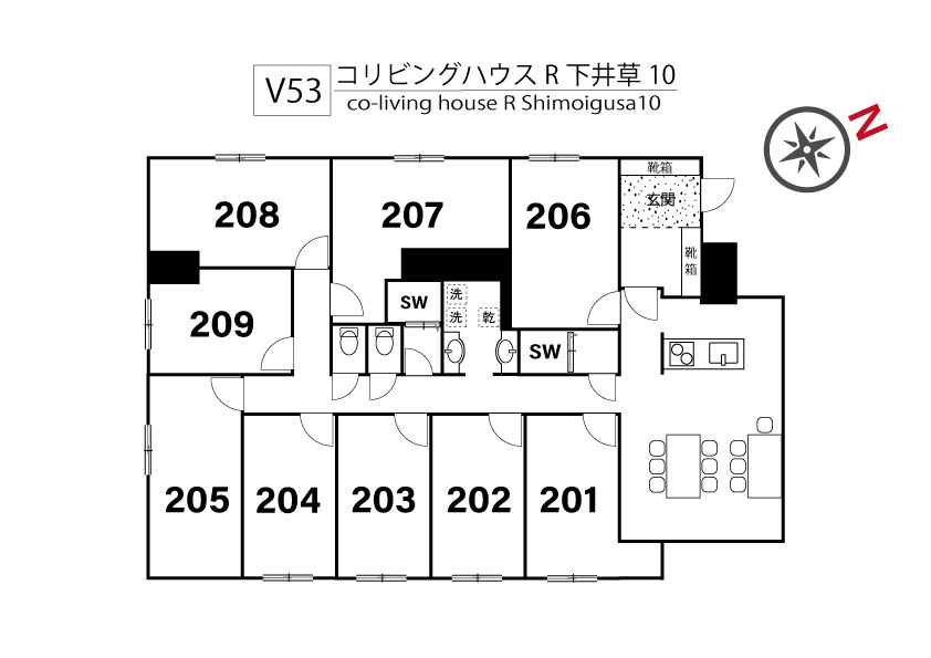 V53 co-living house R Shimoigusa 10間取り図