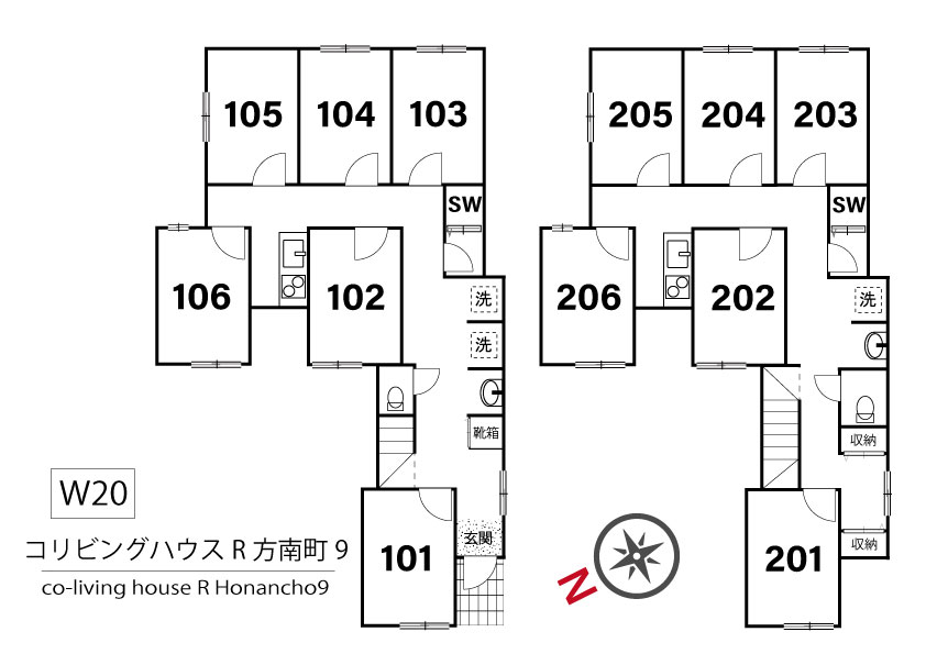 W20 co-living house R Honancho 9間取り図
