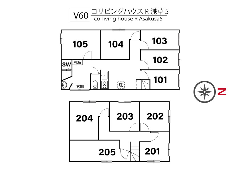 V60 co-living house R Asakusa 5間取り図