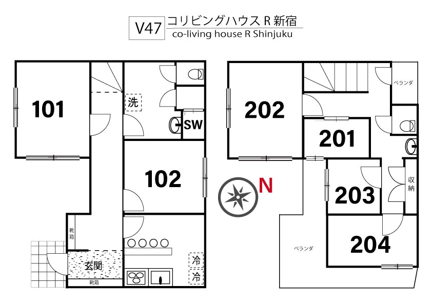 V47 co-living house R Shinjuku間取り図