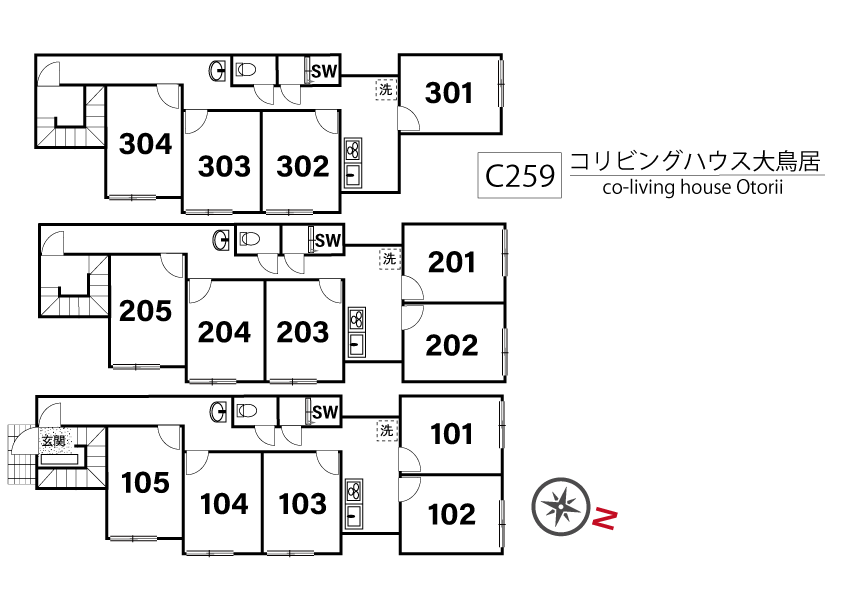 C259 Co-living house 大鸟居間取り図